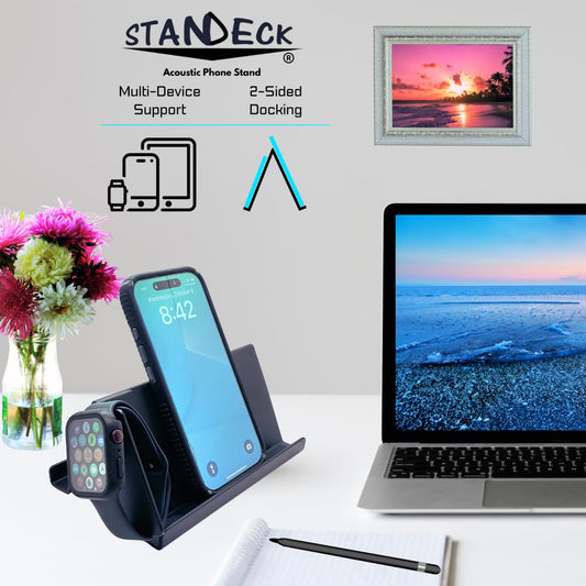 STANDECK 2-Pack Cell Phone Stand and Tablet Holder with Sound Bouncer Wing + Watch Mount, Dual Docking, and Non-Slip Base Pads