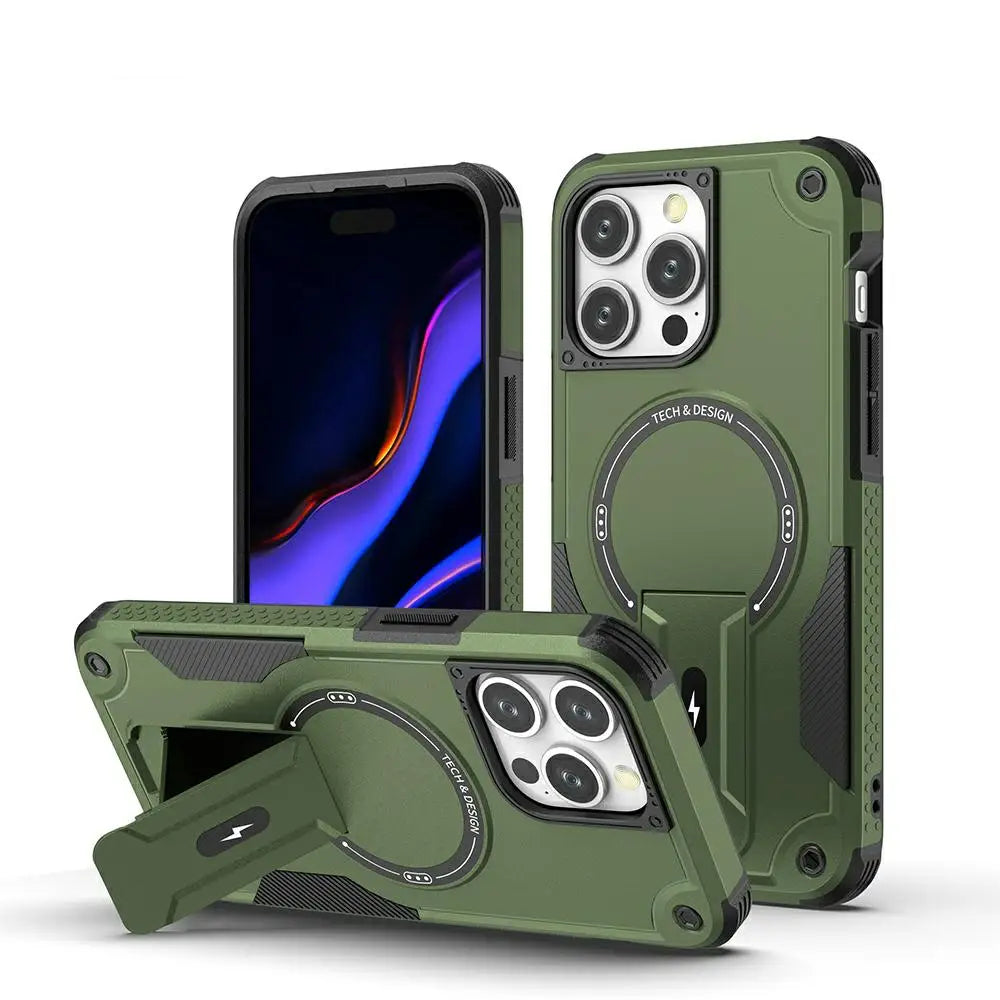 Luxury Magnetic Shockproof TPU PC Phone Case for Iphone 15 Pro Max plus Model Cover with Phone Stand Bracket and Table Sockets