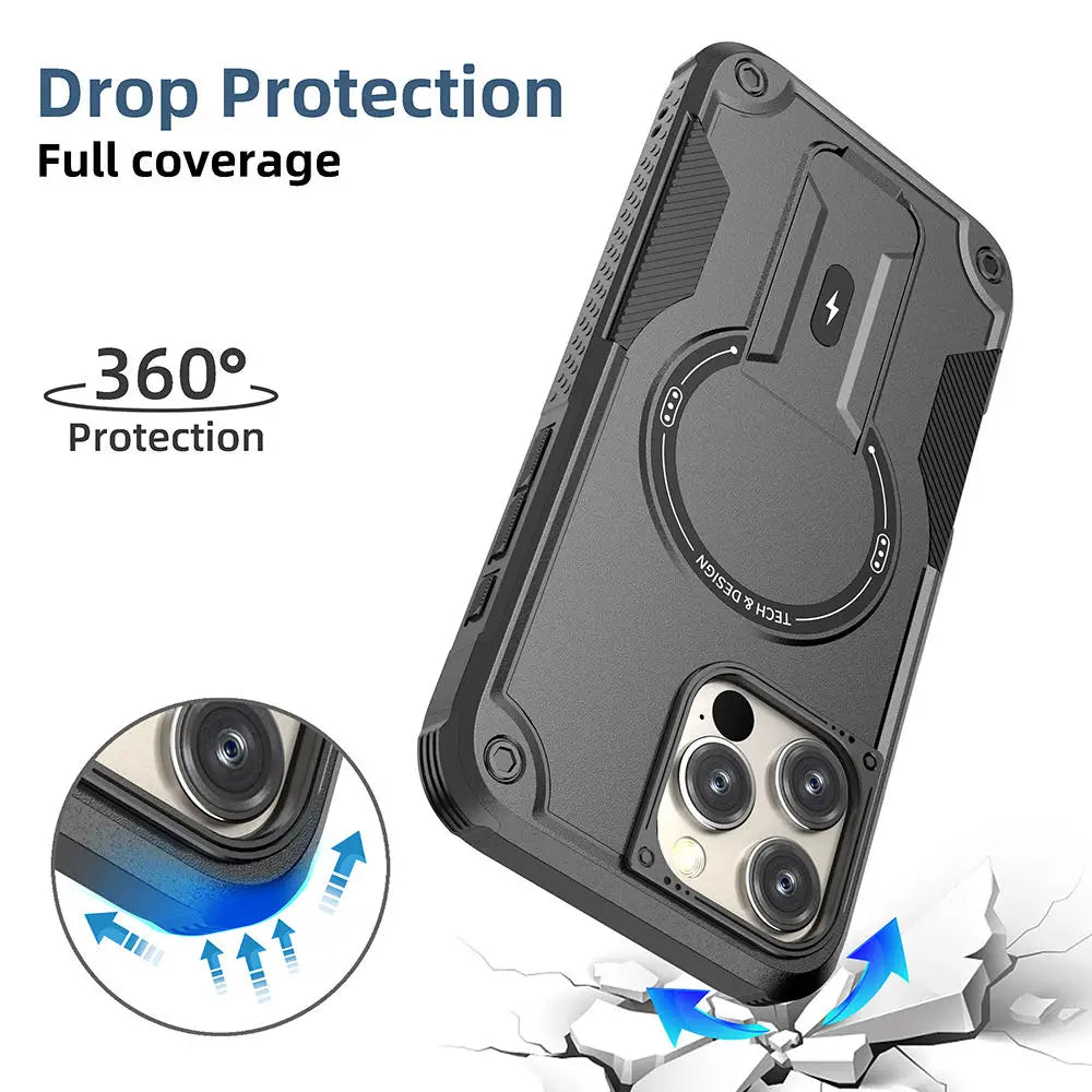 Luxury Magnetic Shockproof TPU PC Phone Case for Iphone 15 Pro Max plus Model Cover with Phone Stand Bracket and Table Sockets