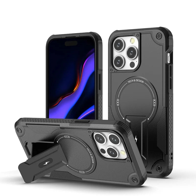 Luxury Magnetic Shockproof TPU PC Phone Case for Iphone 15 Pro Max plus Model Cover with Phone Stand Bracket and Table Sockets