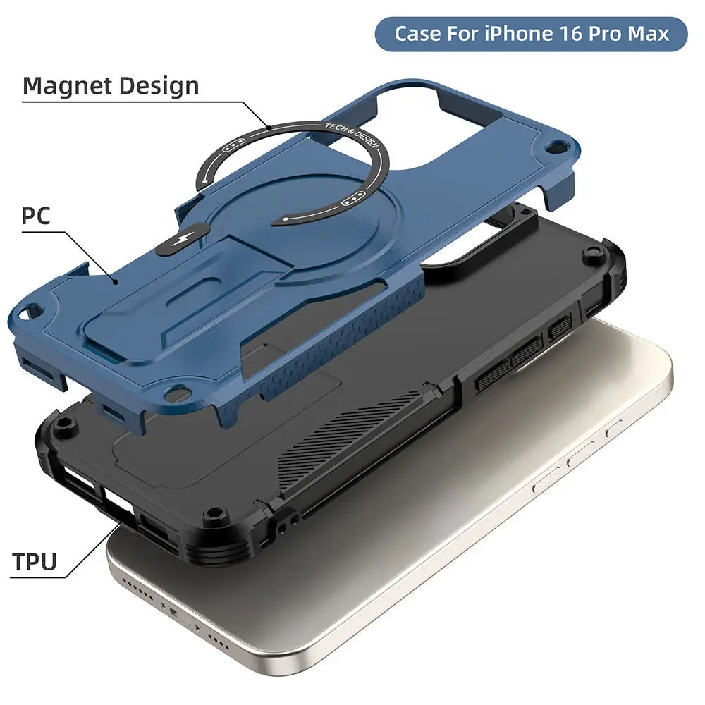 Luxury Magnetic Shockproof TPU PC Phone Case for Iphone 15 Pro Max plus Model Cover with Phone Stand Bracket and Table Sockets