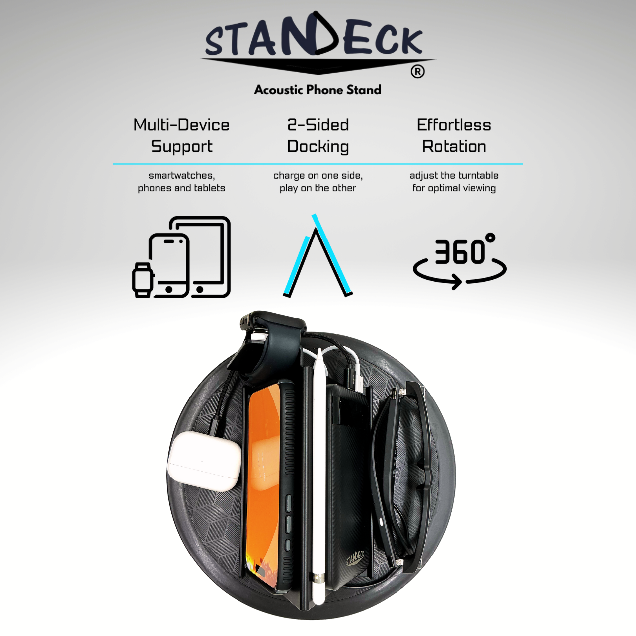 STANDECK Acoustic Cell Phone Stand 2-Pack Bundle plus Tablet Holder with 360° Turntable for multitasking and optimal viewing