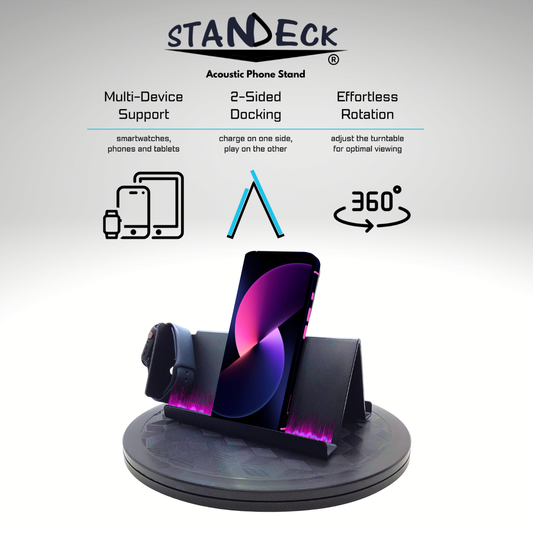 STANDECK Acoustic Cell Phone Stand 2-Pack Bundle plus Tablet Holder with 360° Turntable for multitasking and optimal viewing