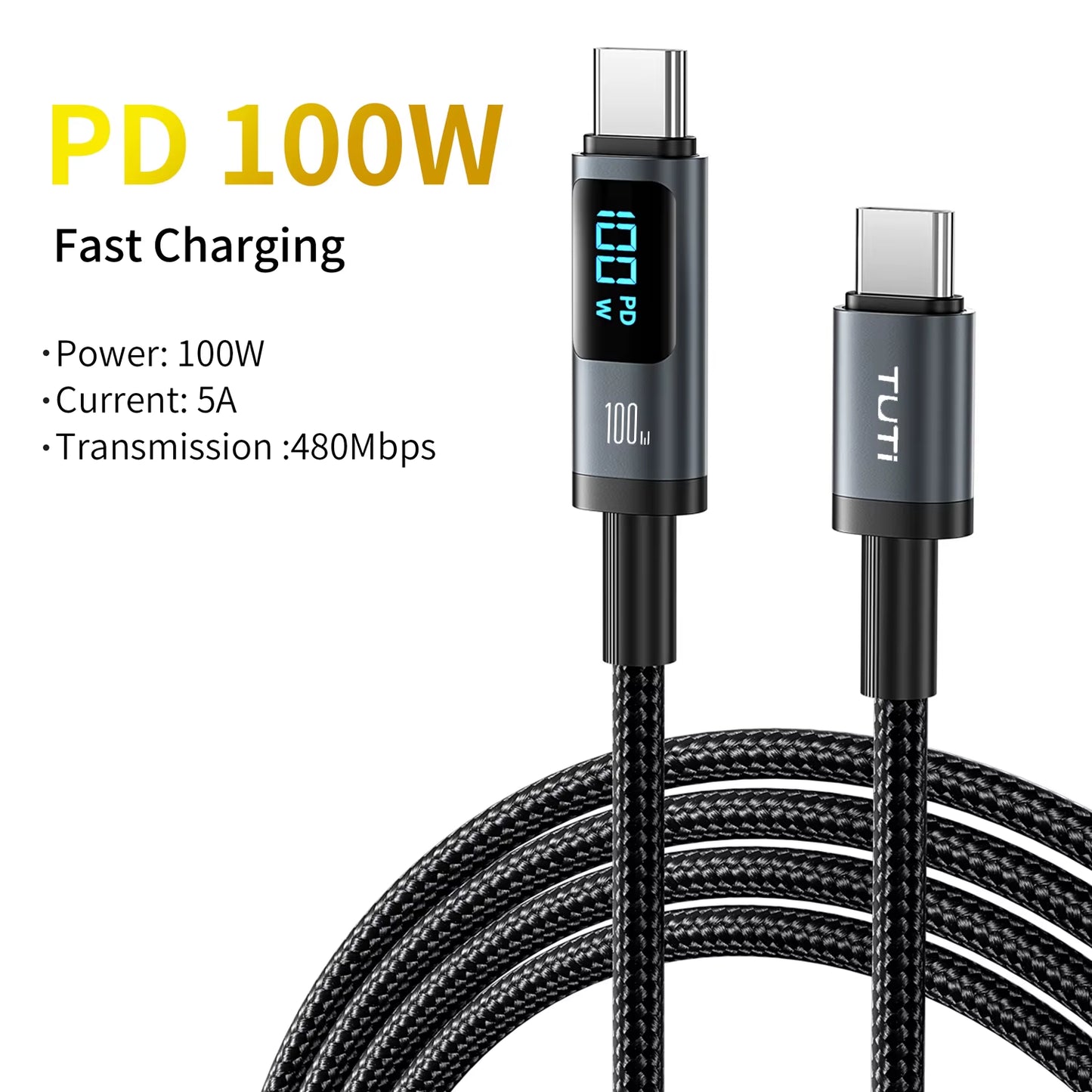 TUTI Wholesale Display Nylon Braided Fast Charger Cable Type C to C USB C Data Cable for Phone,Laptop