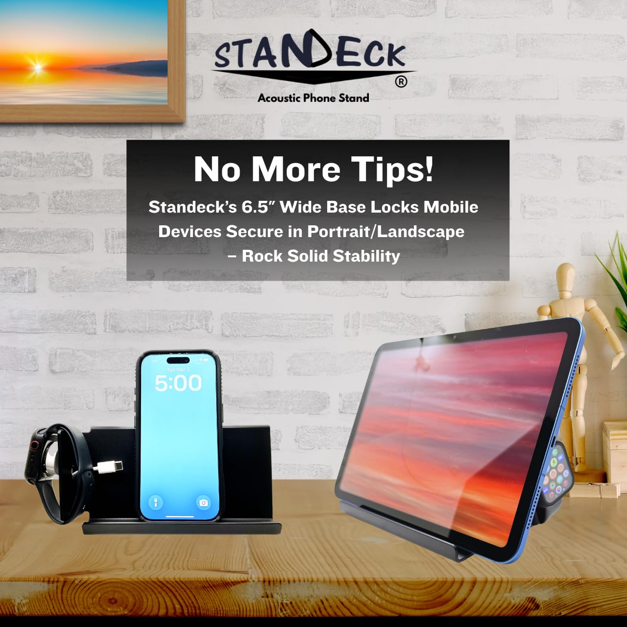 STANDECK 2-Pack Cell Phone Stand and Tablet Holder with Sound Bouncer Wing + Watch Mount, Dual Docking, and Non-Slip Base Pads