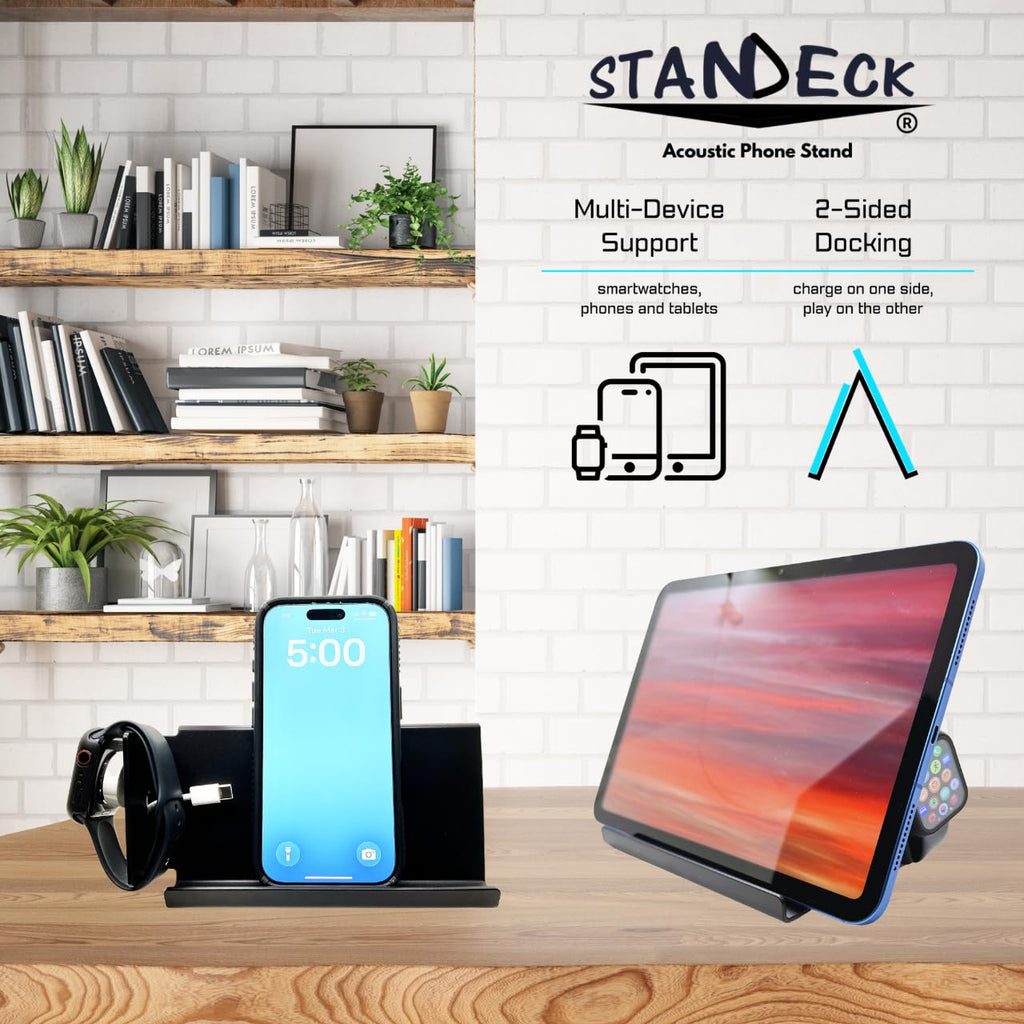 STANDECK 2-Pack Phone Stand with Sound Amplifier & Smartwatch Mount - 6.5" Wide Stable Base - Multi-Device Support - Soccer & 250 America Anniversary