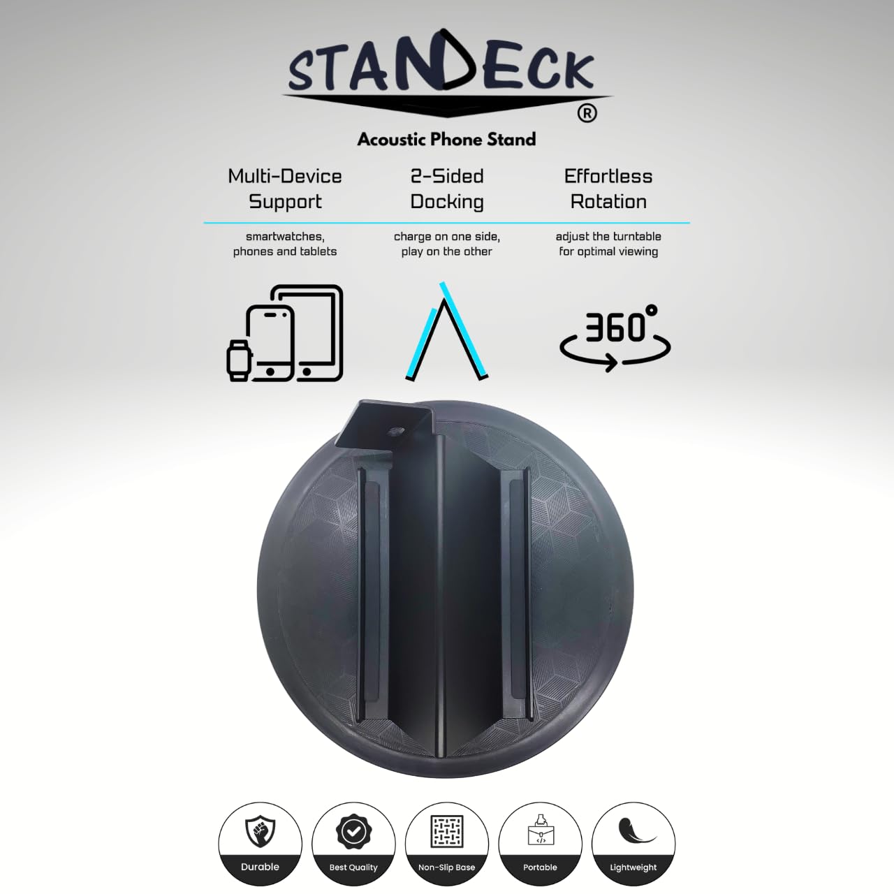 STANDECK 2 Pack Acoustic Cell Phone Stand and Tablet Holder Plus One 360° Turntable for Optimal Viewing. for iPhone, IPad, Samsung Galaxy -Ultra-Stable Design - Wont TIP Over -