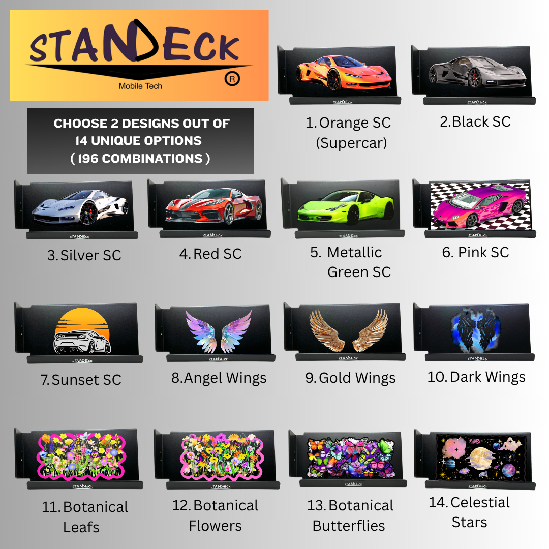 STANDECK 2-Pack Phone Stand with Sound Amplifier & Smartwatch Mount - 6.5" Wide Stable Base - Multi-Device Support - Black Supercar & Dark Wings Designer Collection