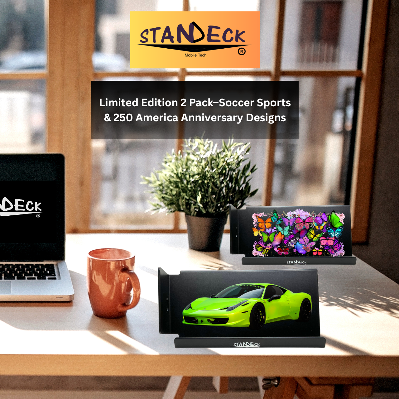 STANDECK 2-Pack Phone Stand with Sound Amplifier & Smartwatch Mount - 6.5" Wide Stable Base - Multi-Device Support - Black Supercar & Dark Wings Designer Collection