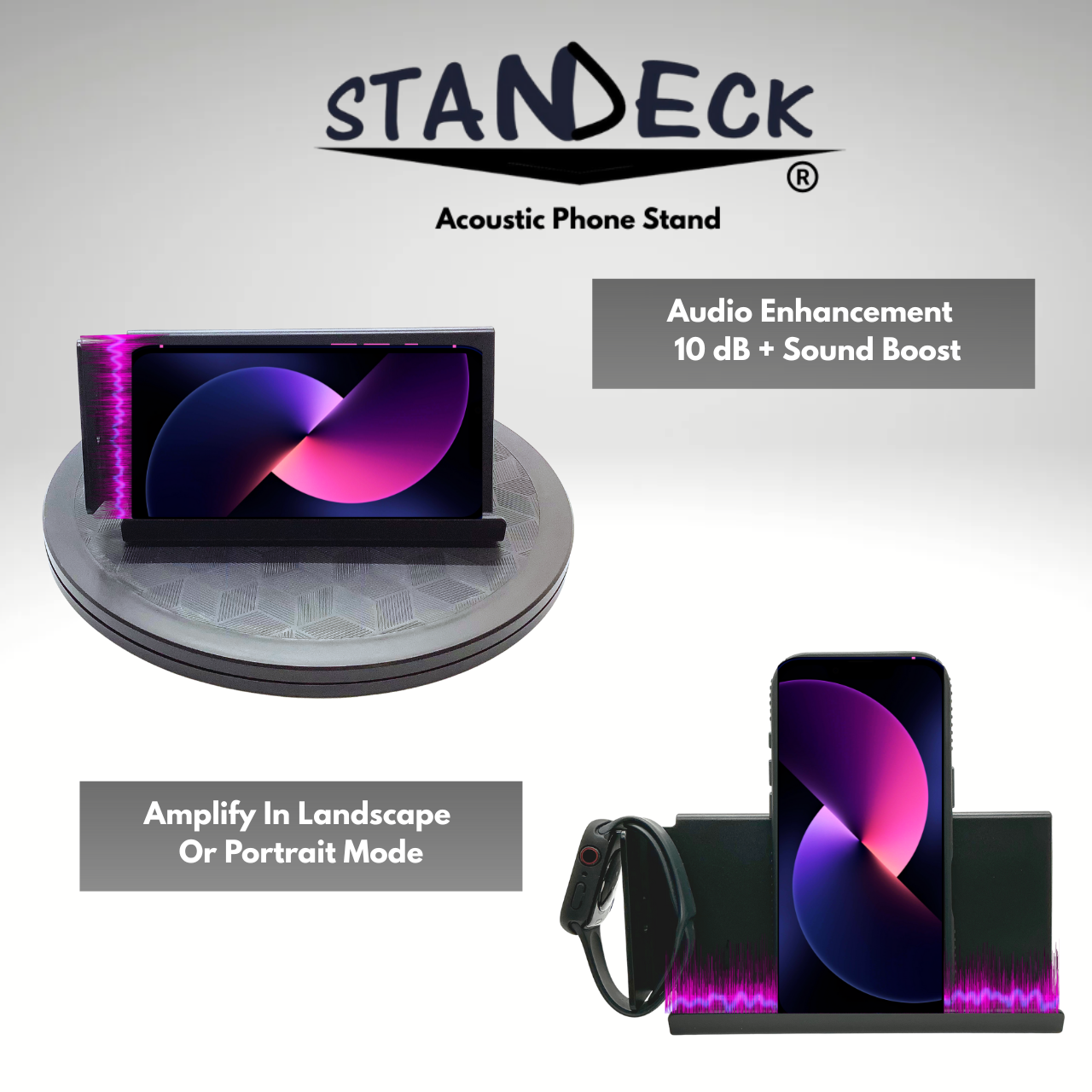 STANDECK Complete Mobile Setup - 2-Pack Acoustic Phone Stand + 360° Turntable + CoolBox 10000mAh Power Bank