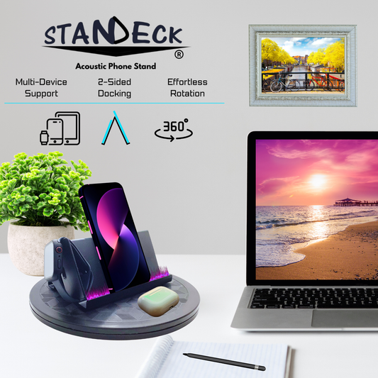 STANDECK Acoustic Cell Phone Stand 2-Pack Bundle plus Tablet Holder with 360° Turntable for multitasking and optimal viewing