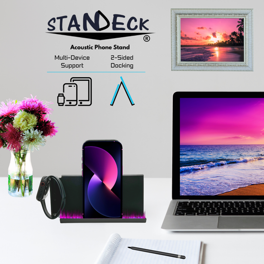STANDECK 2-Pack Acoustic Phone Stand with 10dB Sound Boost. Get 2 Stands for extra versatility.