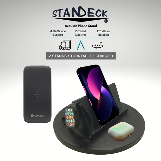 STANDECK Complete Mobile Setup - 2-Pack Acoustic Phone Stand + 360° Turntable + CoolBox 10000mAh Power Bank