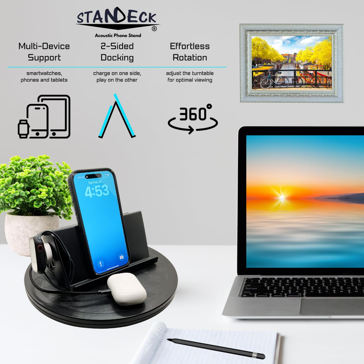 STANDECK 2 Pack Acoustic Cell Phone Stand and Tablet Holder Plus One 360° Turntable for Optimal Viewing. for iPhone, IPad, Samsung Galaxy -Ultra-Stable Design - Wont TIP Over -