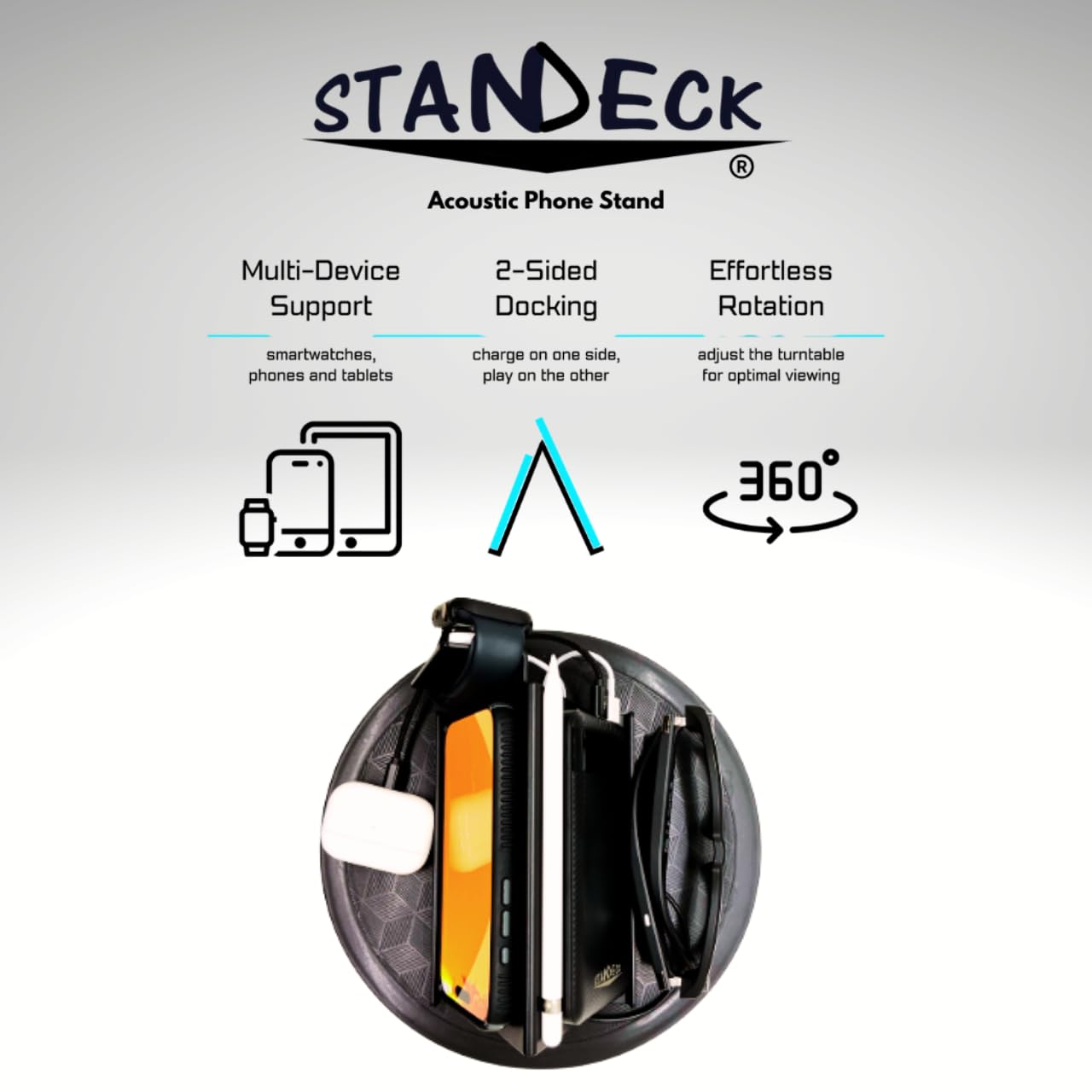 STANDECK 2 Pack Acoustic Cell Phone Stand and Tablet Holder Plus One 360° Turntable for Optimal Viewing. for iPhone, IPad, Samsung Galaxy -Ultra-Stable Design - Wont TIP Over -