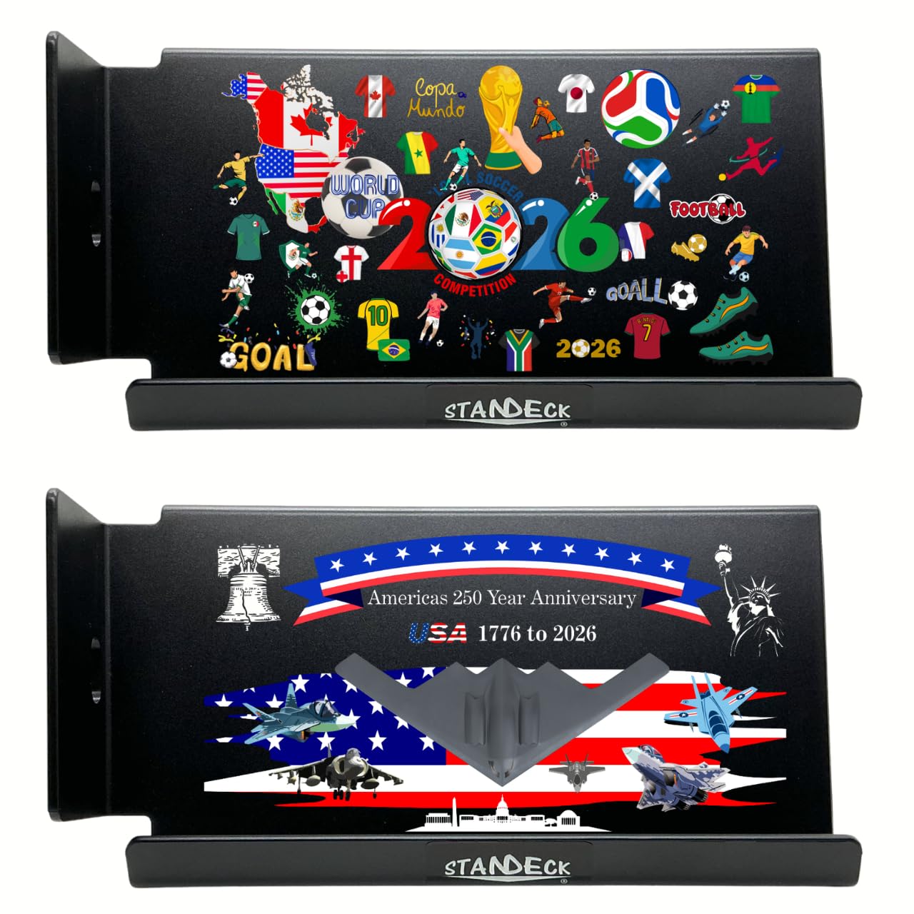 STANDECK 2-Pack Phone Stand with Sound Amplifier & Smartwatch Mount - 6.5" Wide Stable Base - Multi-Device Support - Soccer & 250 America Anniversary