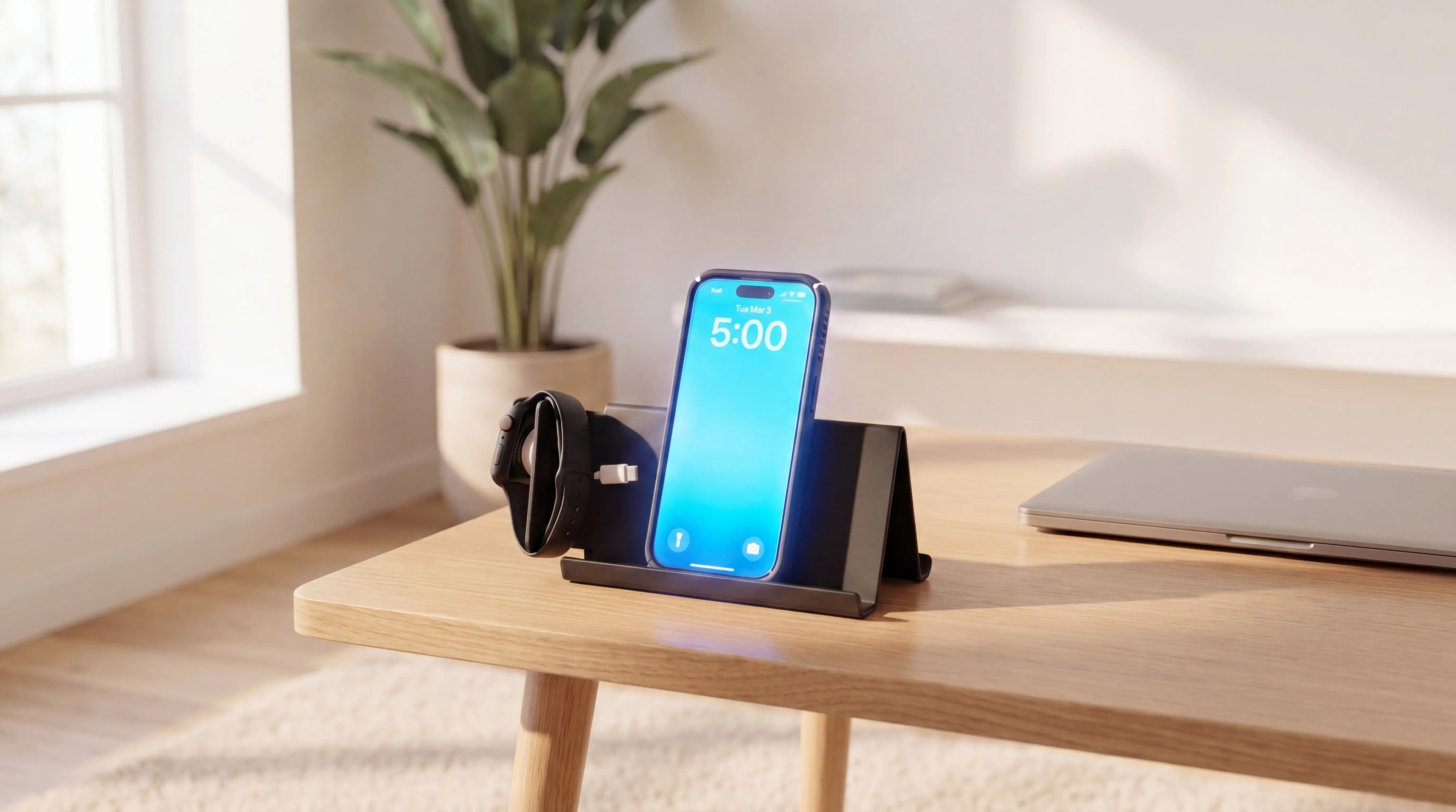 STANDECK acoustic phone and tablet stand holding a smartphone with a bright blue screen on a modern desk